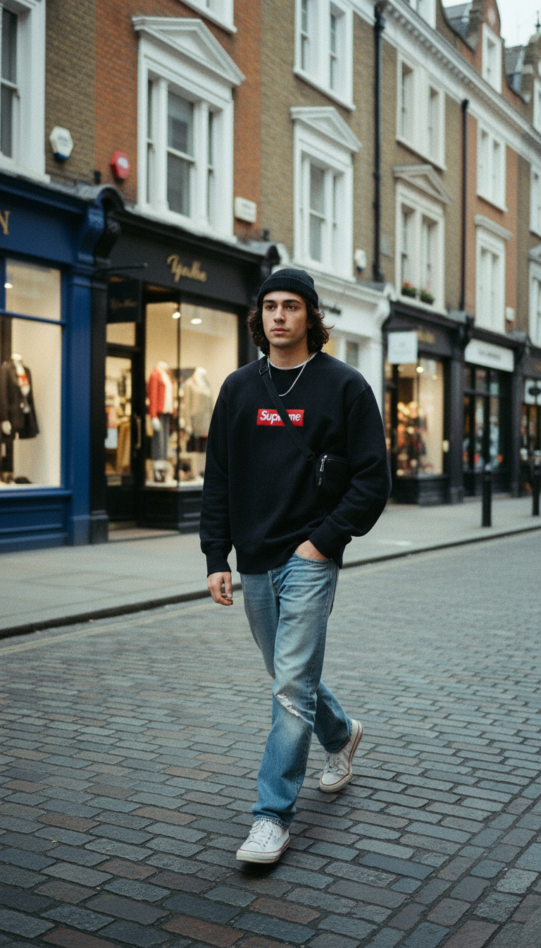 AI product shot of Supreme Box logo Crewneck FW22 Black/Red
