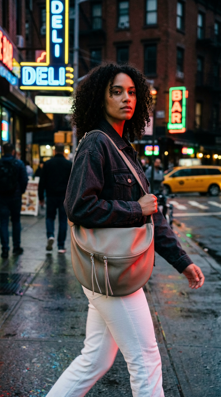 AI product shot of Large Beige Leather Sling Bag - Oversized Fanny Pack