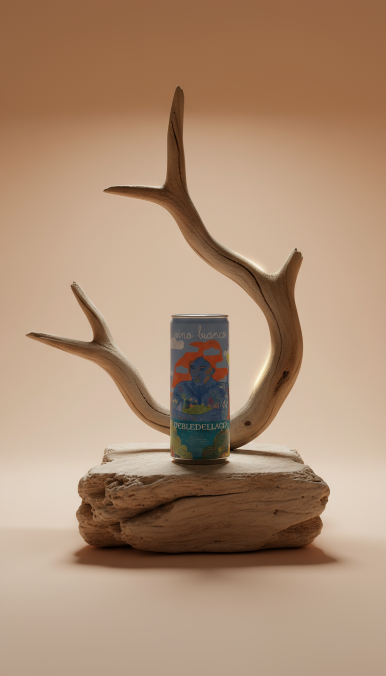 AI product shot of PERLEDELLAGO® Vino bianco - Lattina 250ml
