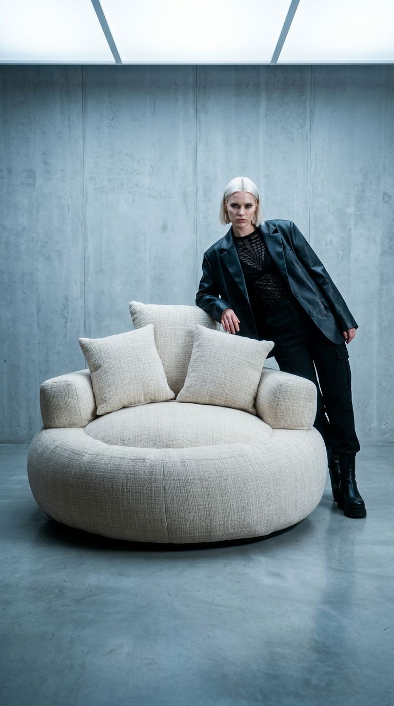 AI product shot of Fauteuil double rond au design épuré en tissu blanc CYCLADES