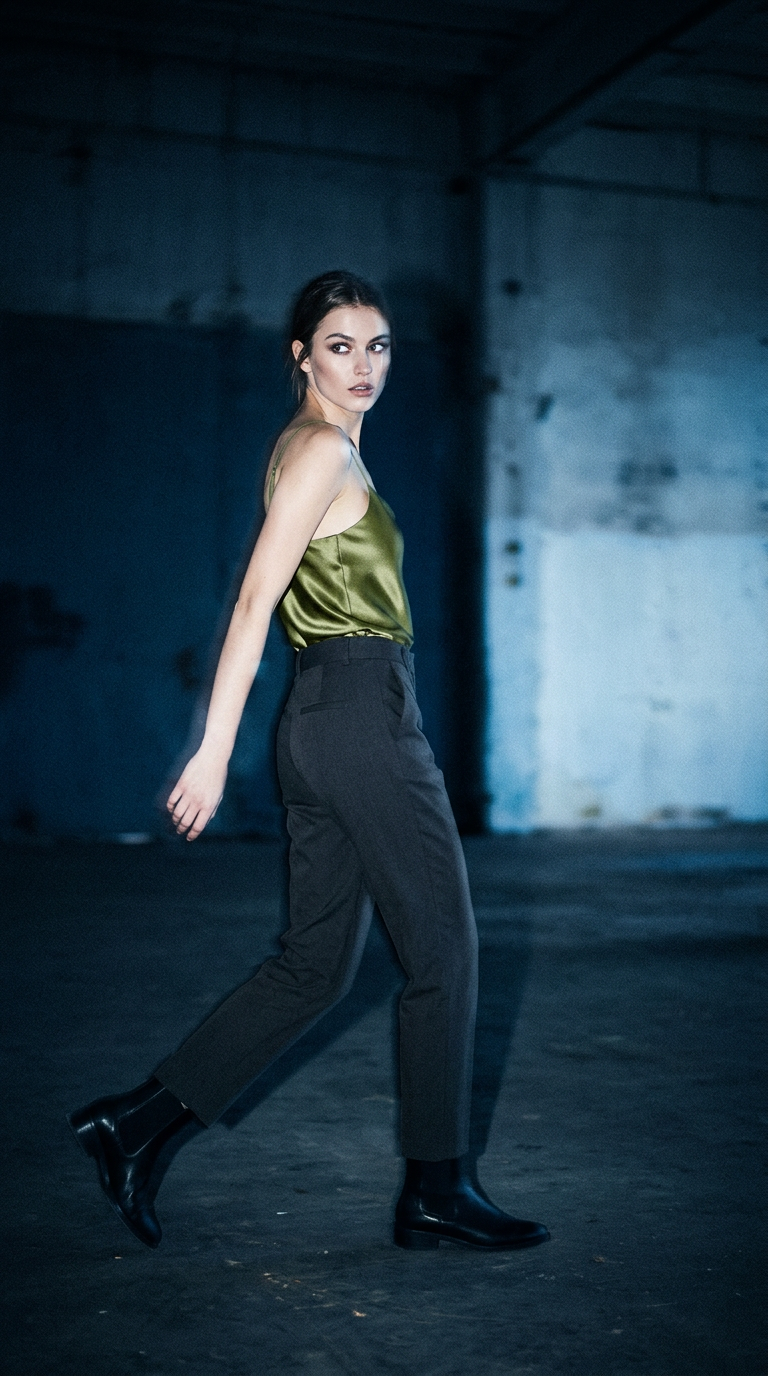 AI product shot of Aria Bias Cut Cami Top In Olive Green Satin