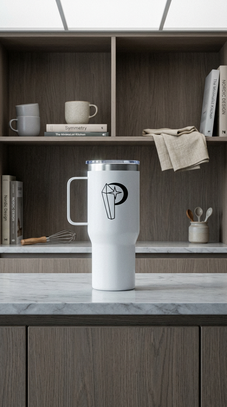 AI product shot of Piezo Crystal P Travel Mug