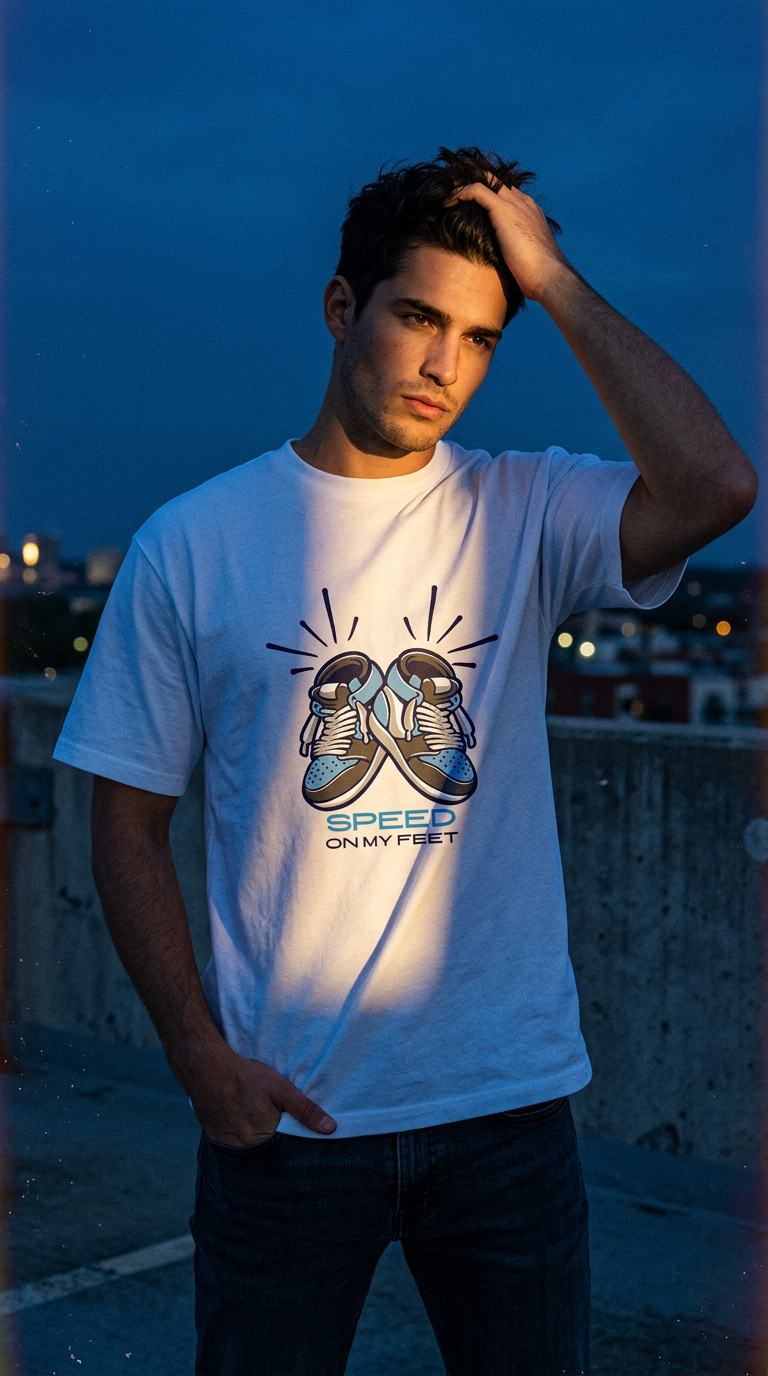 AI product shot of The Speed Tee (blue) - White Oversized T-shirt