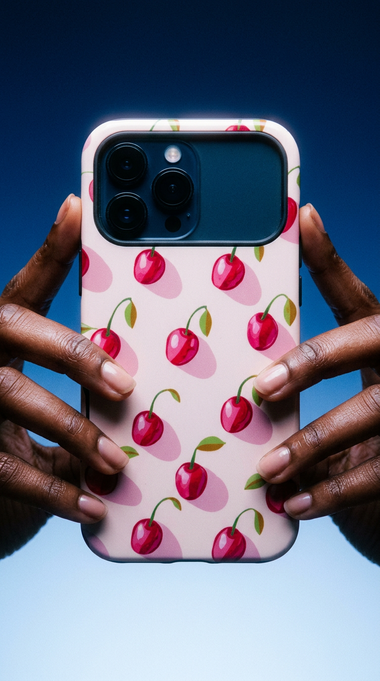 AI product shot of Pastel cherries iPhone Case – Playful Kawaii Pink Beige