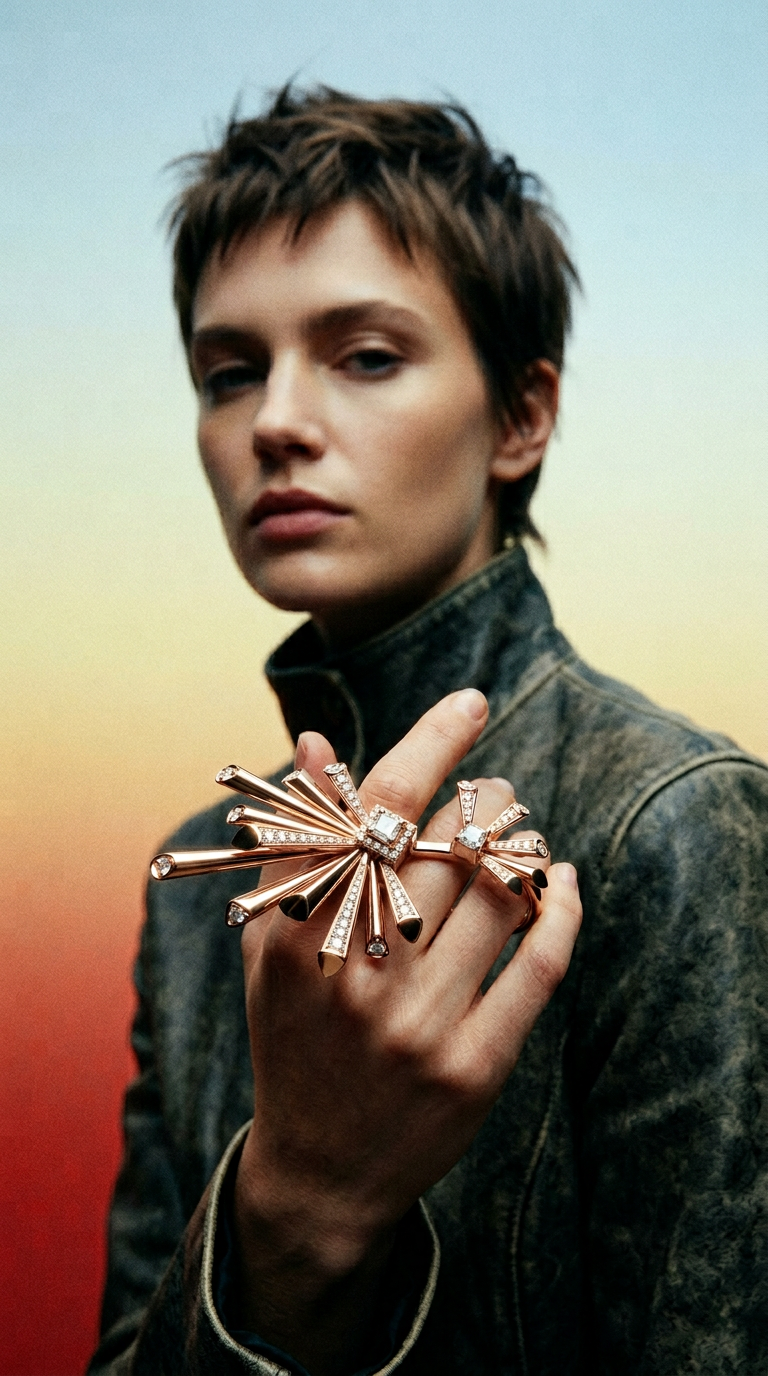 AI product shot of Carine Two Finger Starburst Diamond Ring