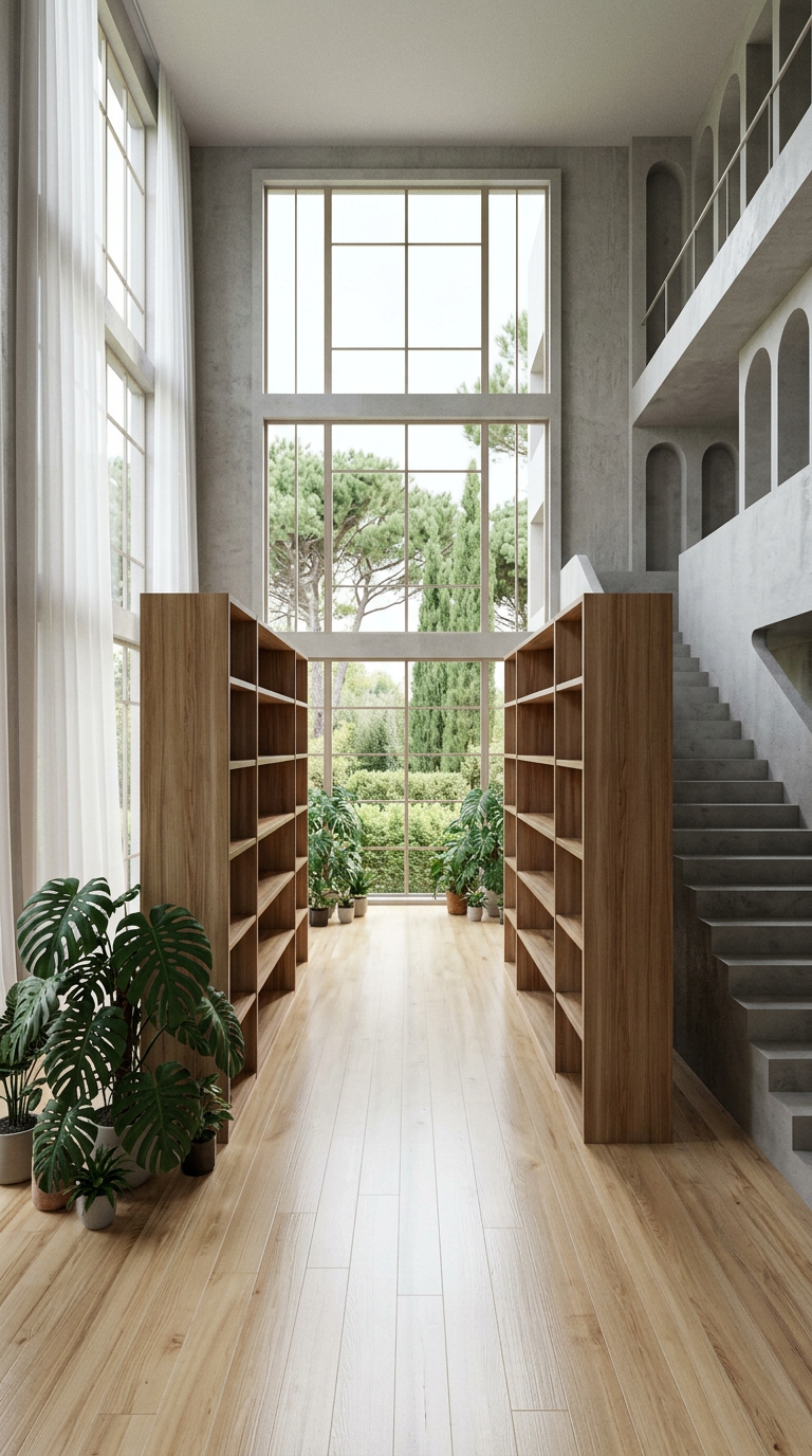 AI product shot of Empty room with wooden bookshelves and large window, enchanting background Generative AI