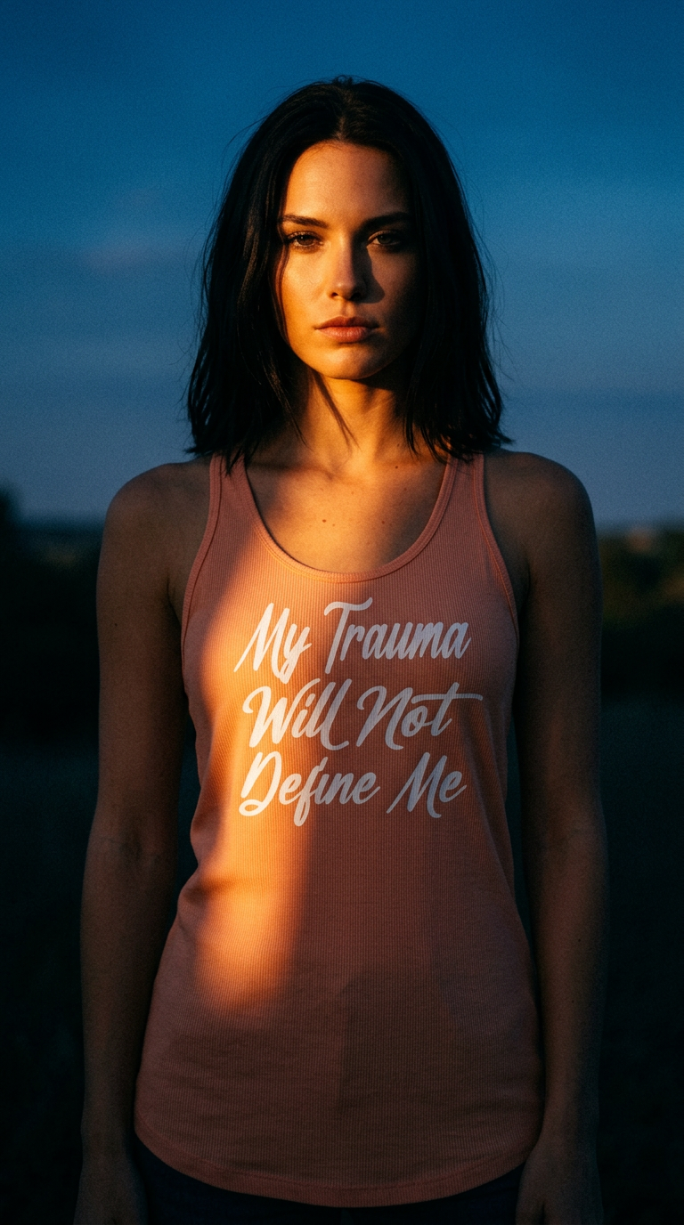 AI product shot of My Trauma Will Not Define Me tank top