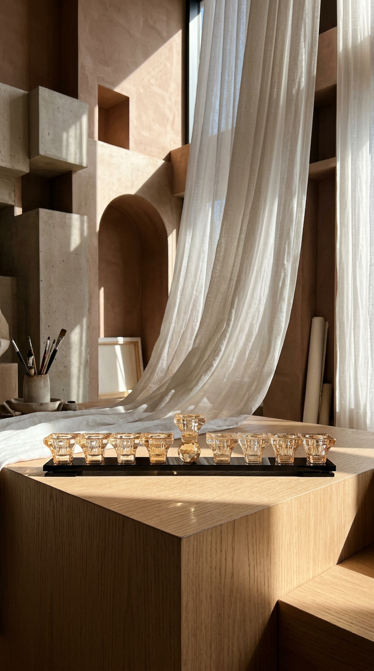 AI product shot of חנוכייה קריסטל מעוצבת – זהב שחור