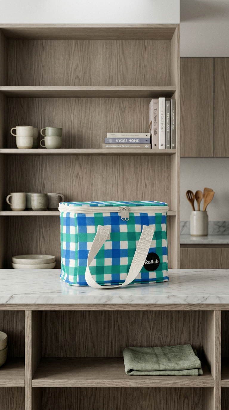 AI product shot of Lunch Bag Green Blue Check