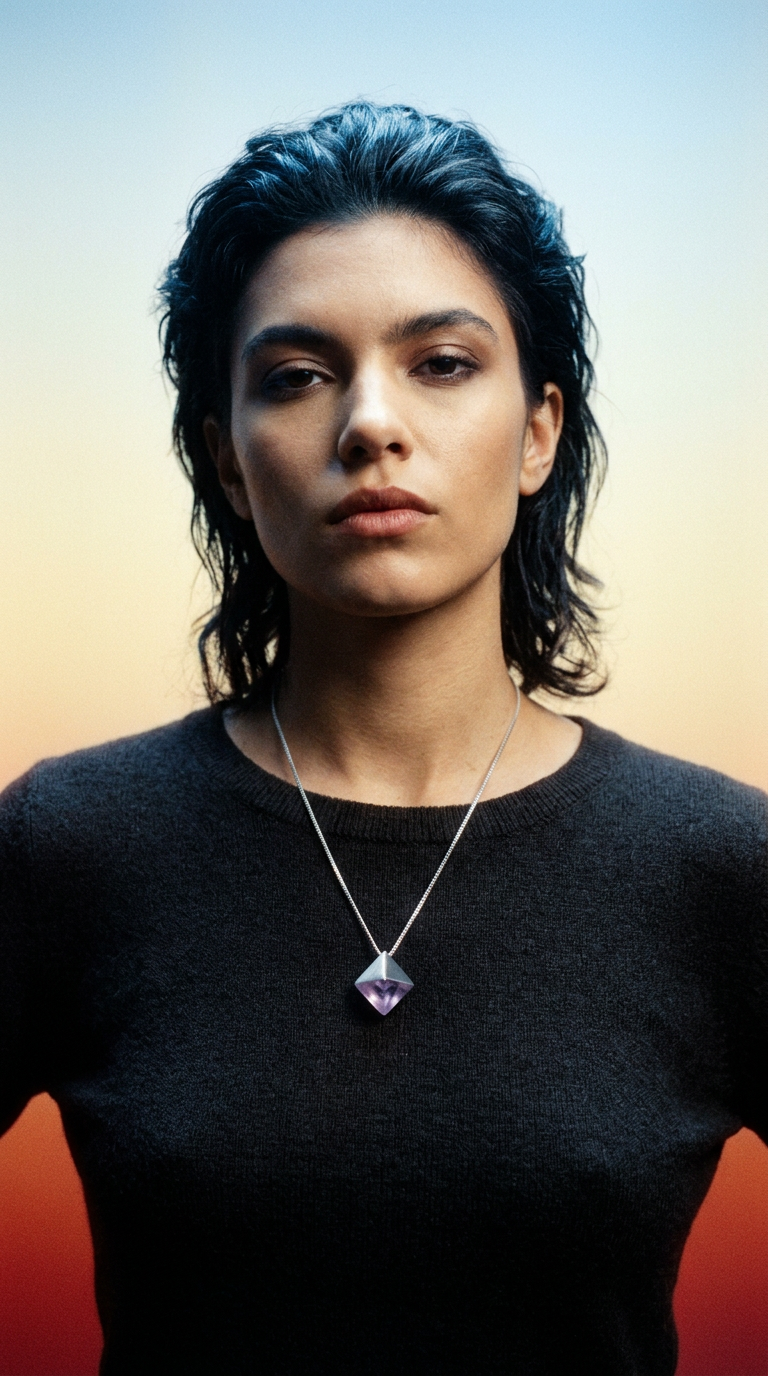 AI product shot of STABILITY #2 necklace // Light Purple Fluorite crystal