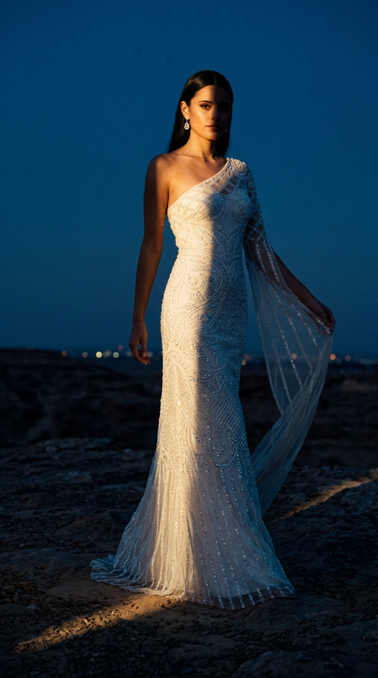 AI product shot of Lara New York one sleeve beaded gown size 6