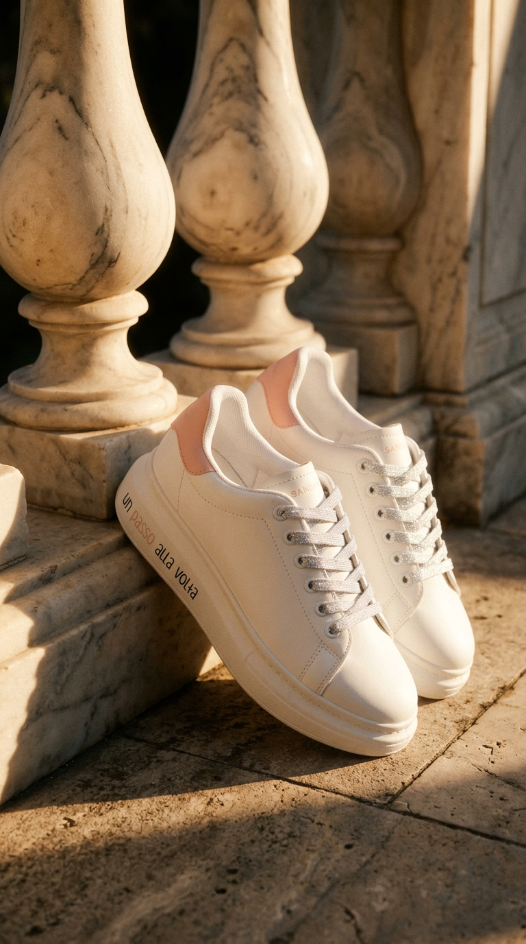 AI product shot of Scarpa Con scritta e Lacci In Lurex colore bianco/rosa - Scarpe - Le Pandorine