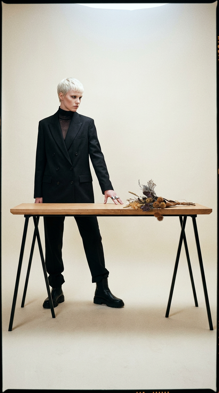 AI product shot of Stół TRIPLO – nowowczesny stół dębowy na wymiar na stalowych nogach