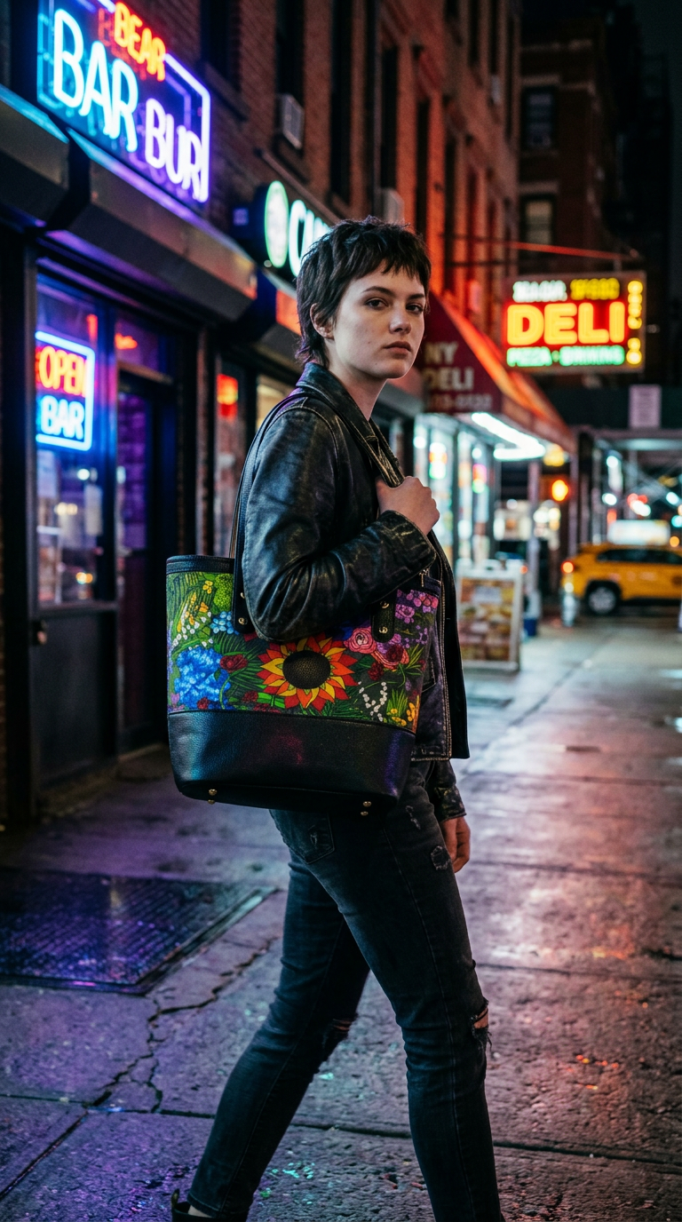 AI product shot of Floral Art Denim and Leather Tote Bag