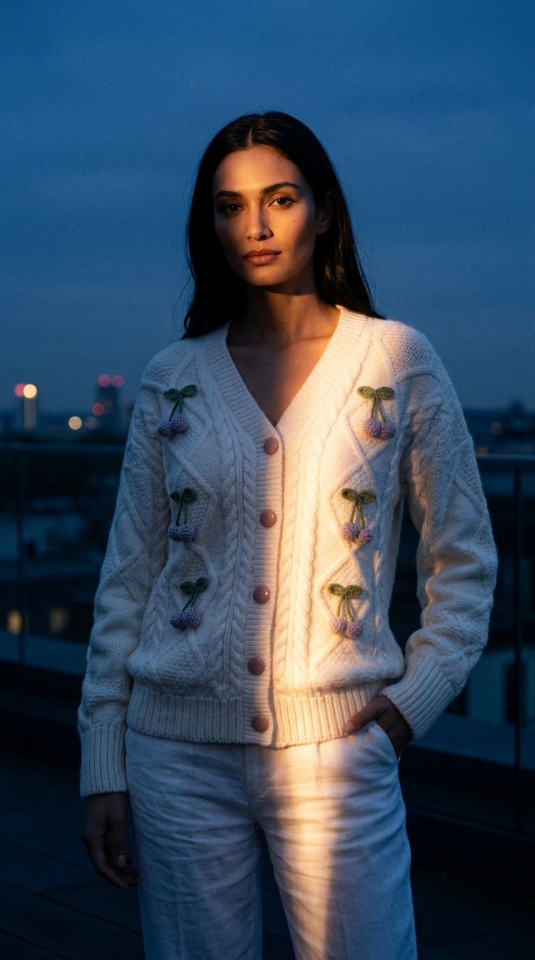 AI product shot of Simone Cardigan, White with Cherries