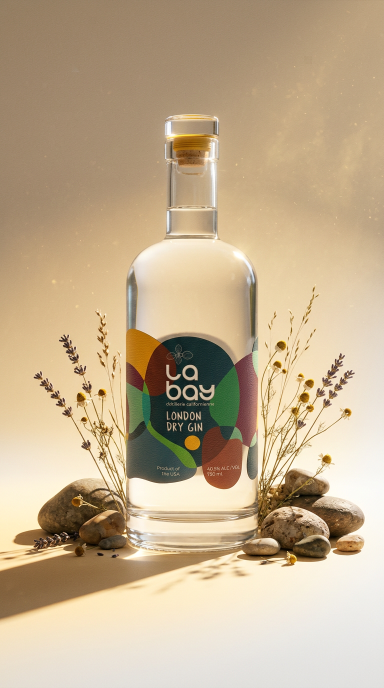 AI product shot of LA BAY LONDON DRY GIN