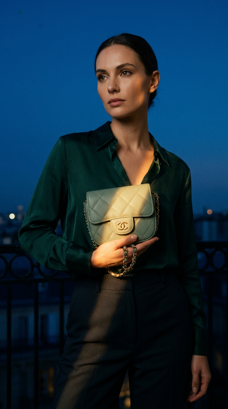 AI product shot of Chanel Classic Single Flap Micro Green Caviar Gold