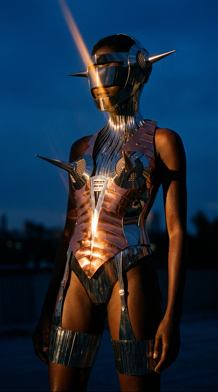 AI product shot of Robot Cone corset top ‘Where Giger met Sorayama ‘