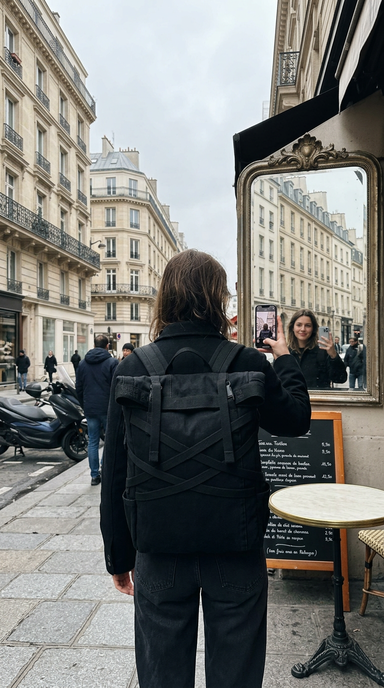 AI product shot of Eerie Black Denim Buddy Backpack