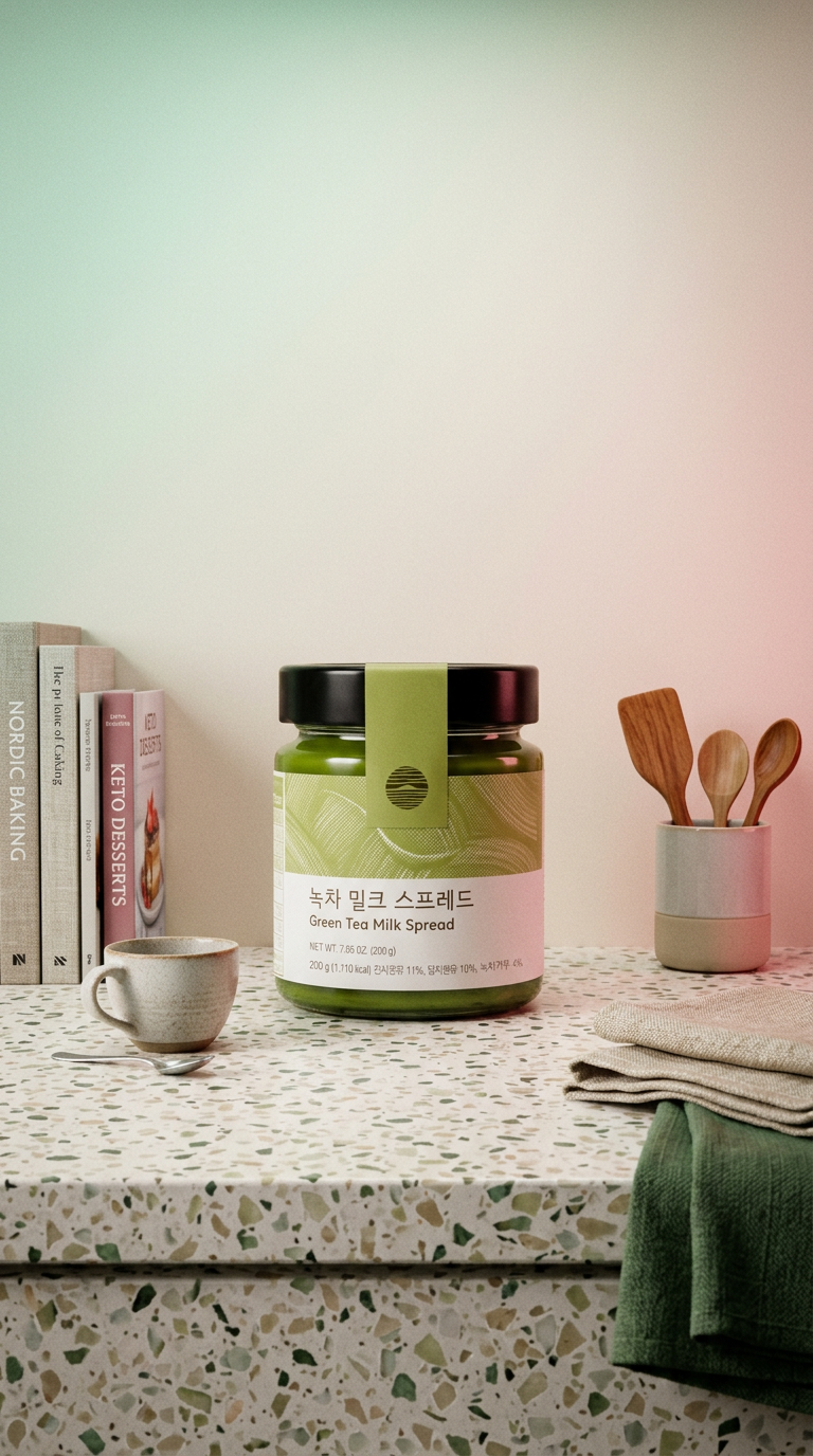 AI product shot of OSULLOC Green Tea Milk Spread Pâte à Tartiner au Thé Vert