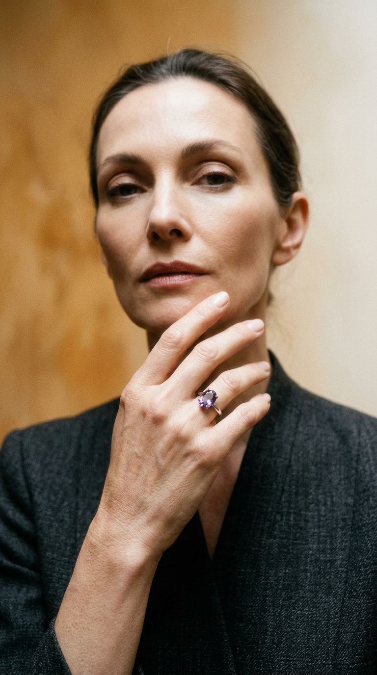 AI product shot of Sterling Silver Oval Amethyst February Birthstone Ring