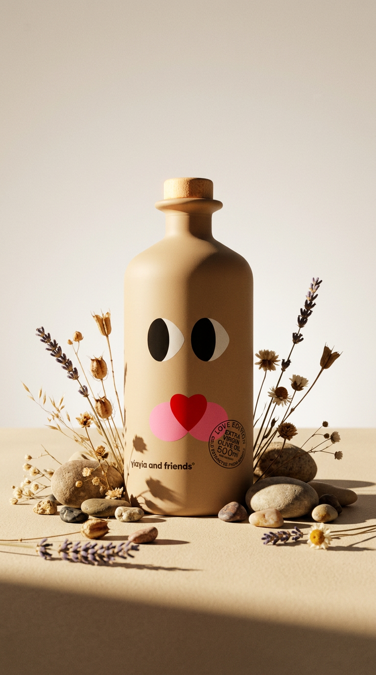AI product shot of Yiayia and Friends fles 500ml extra virgin olijfolie Heart and Paws