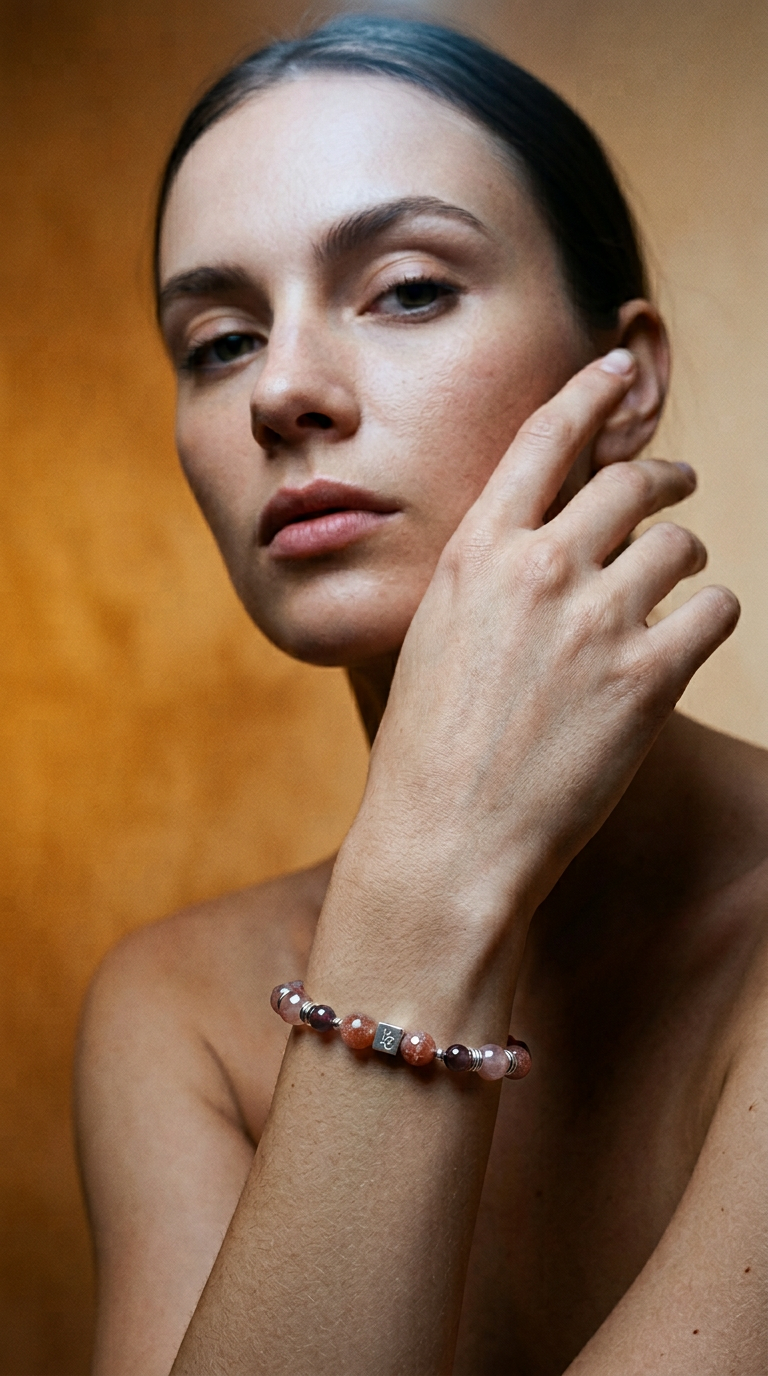 AI product shot of The Inner Ember | Madagascar Rose Quartz & Sterling Silver