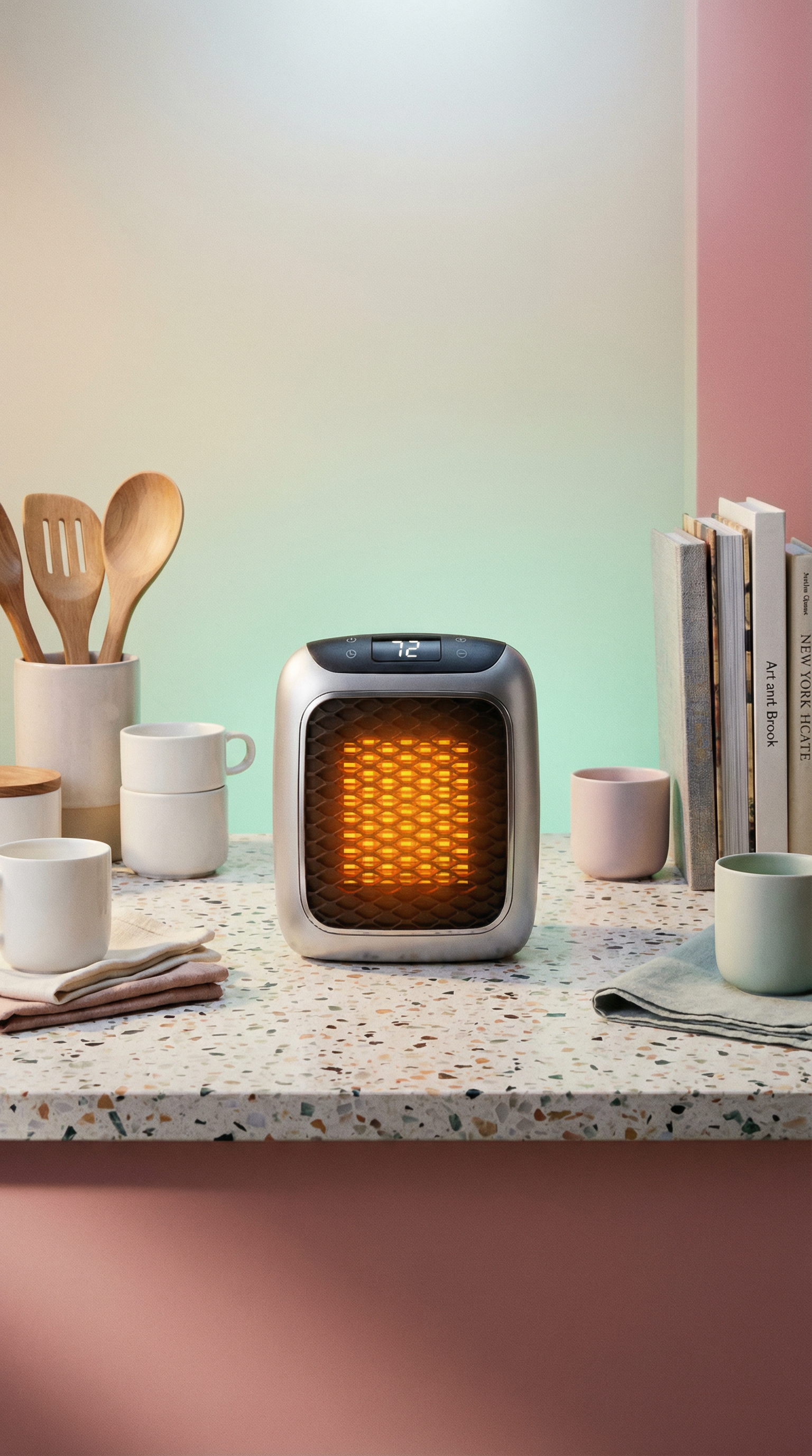 AI product shot of Ontel Handy Heater Turbo Wall Outlet Plug In Heater – Portable Indoor Ceramic Space Heater w/Adjustable Thermostat, 12-Hour Timer, Auto Shut Off, Quiet – Plug In Wall for Office, Bedroom, Camping