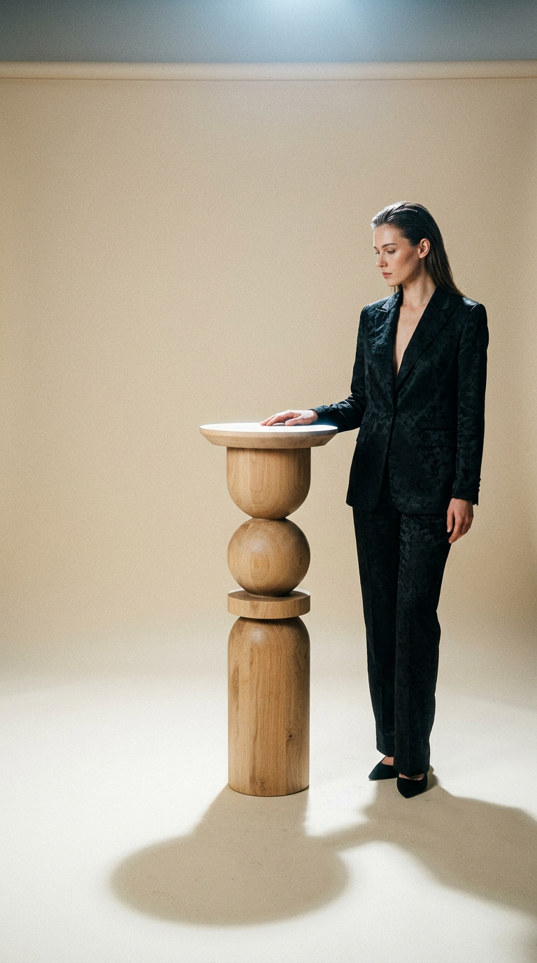 AI product shot of Wooden Pedestal Stand – Side Table or Plant Holder, Lathe-Turned Design, H900 mm (35.4 inch)