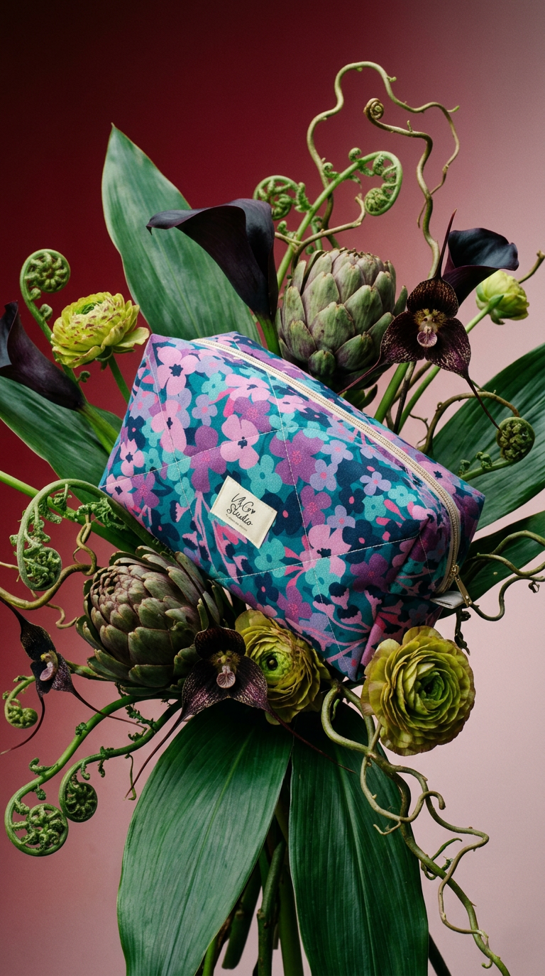 AI product shot of Quilted Makeup Bag - Purple Floral