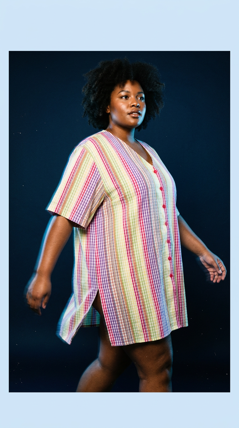 AI product shot of Vintage Top Women's 3X Dopamine Rainbow Stripe Button Down Tunic