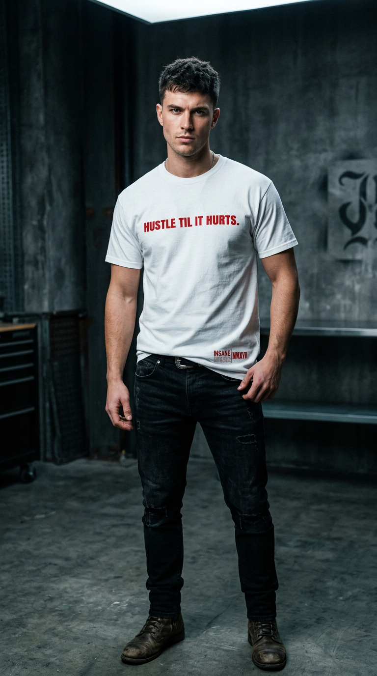 AI product shot of Hustle Til It Hurts White Crew Tee