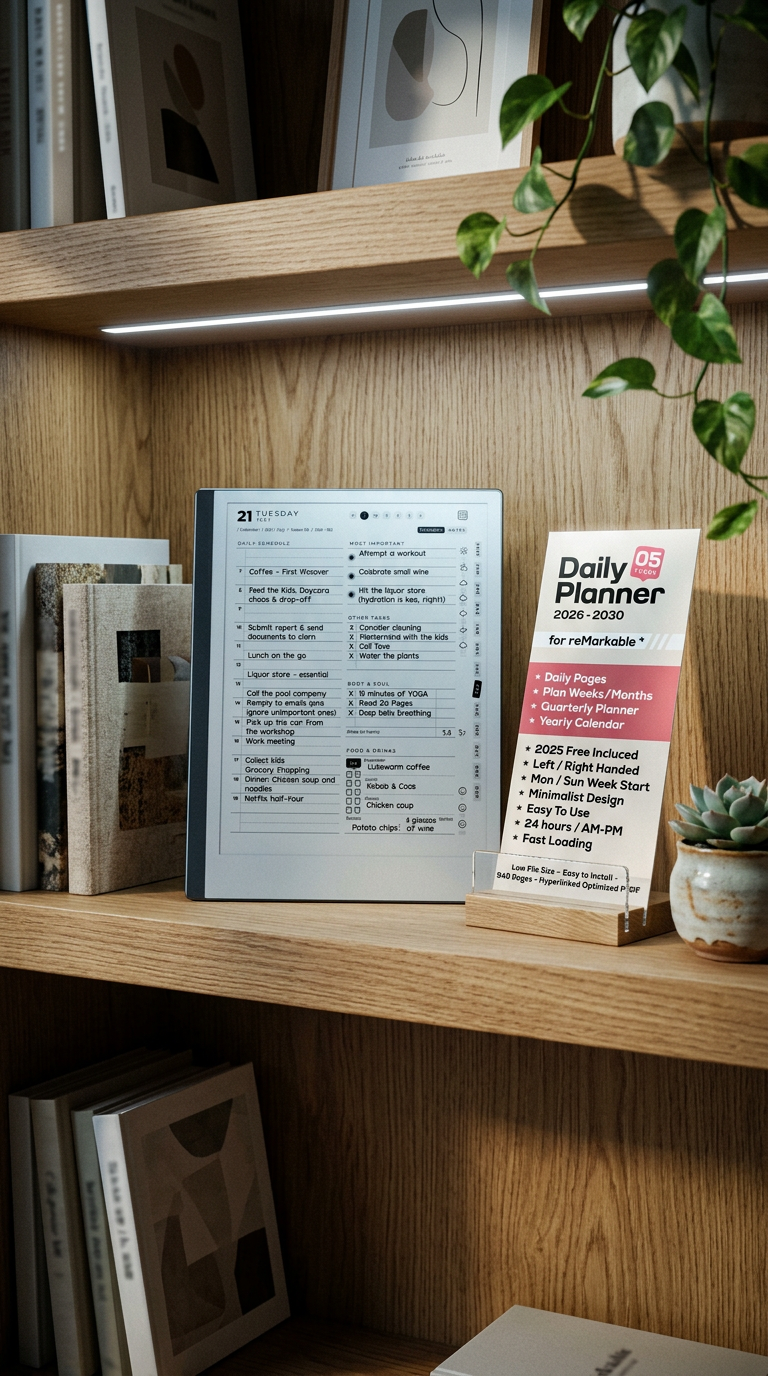 AI product shot of 5-Year Daily Planner for reMarkable 2 (2026–2030) + Free 2031