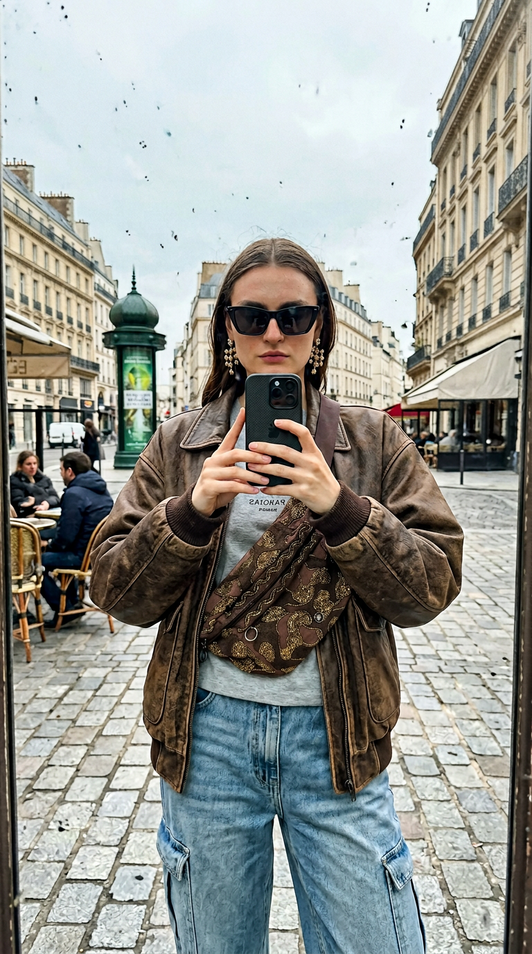 AI product shot of EE Brown Beaded Belt Bag