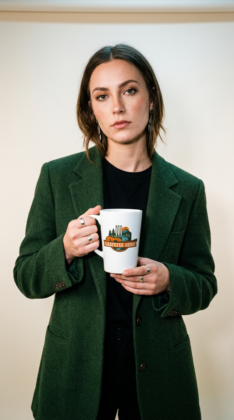 AI product shot of Acoustic Horizon - Grateful Bend Latte mug