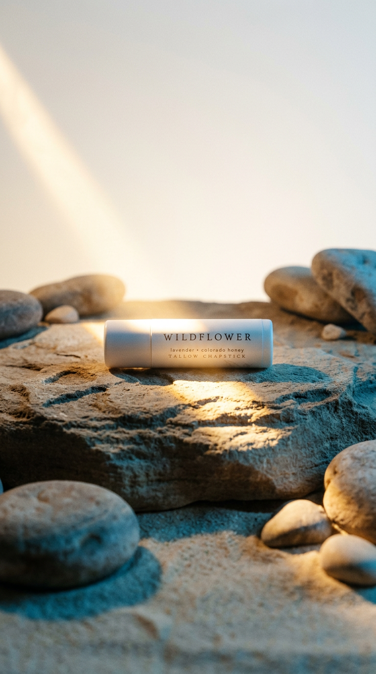 AI product shot of wildflower / honey lavender chapstick