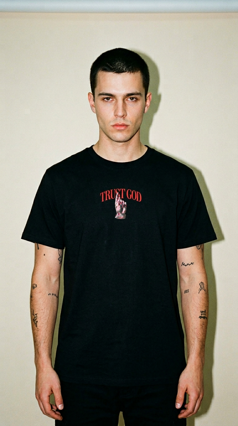 AI product shot of TRUST GOD TEE