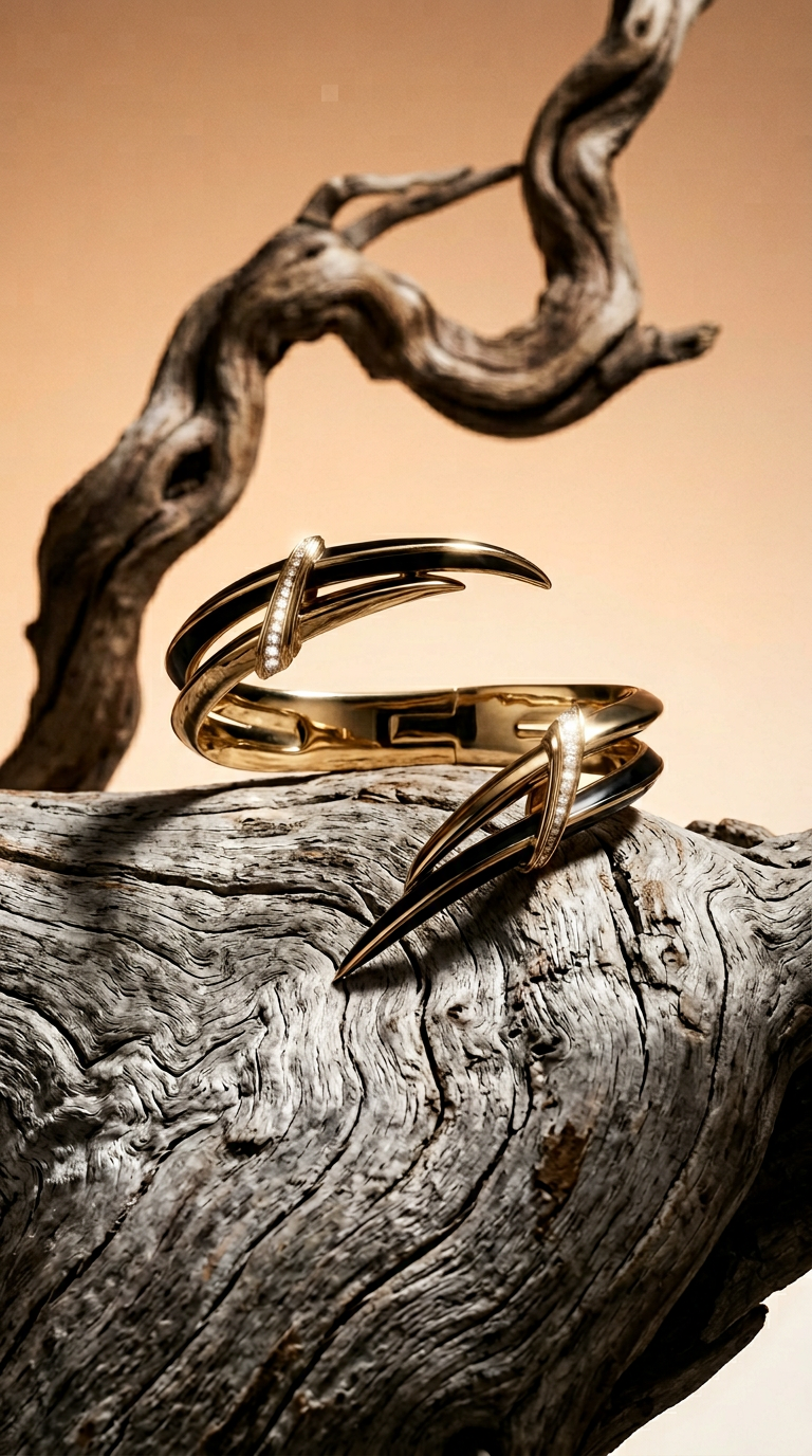 AI product shot of Sabre Deco Statement Cuff - Yellow Gold Vermeil, Black Ceramic & Diamond