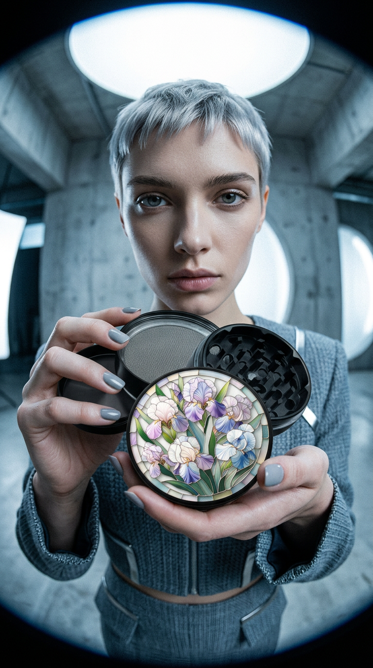 AI product shot of Purple, Blue and Blush Irises with Stained Glass Effect - 4-Layer 2.5" Round Herb Grinder