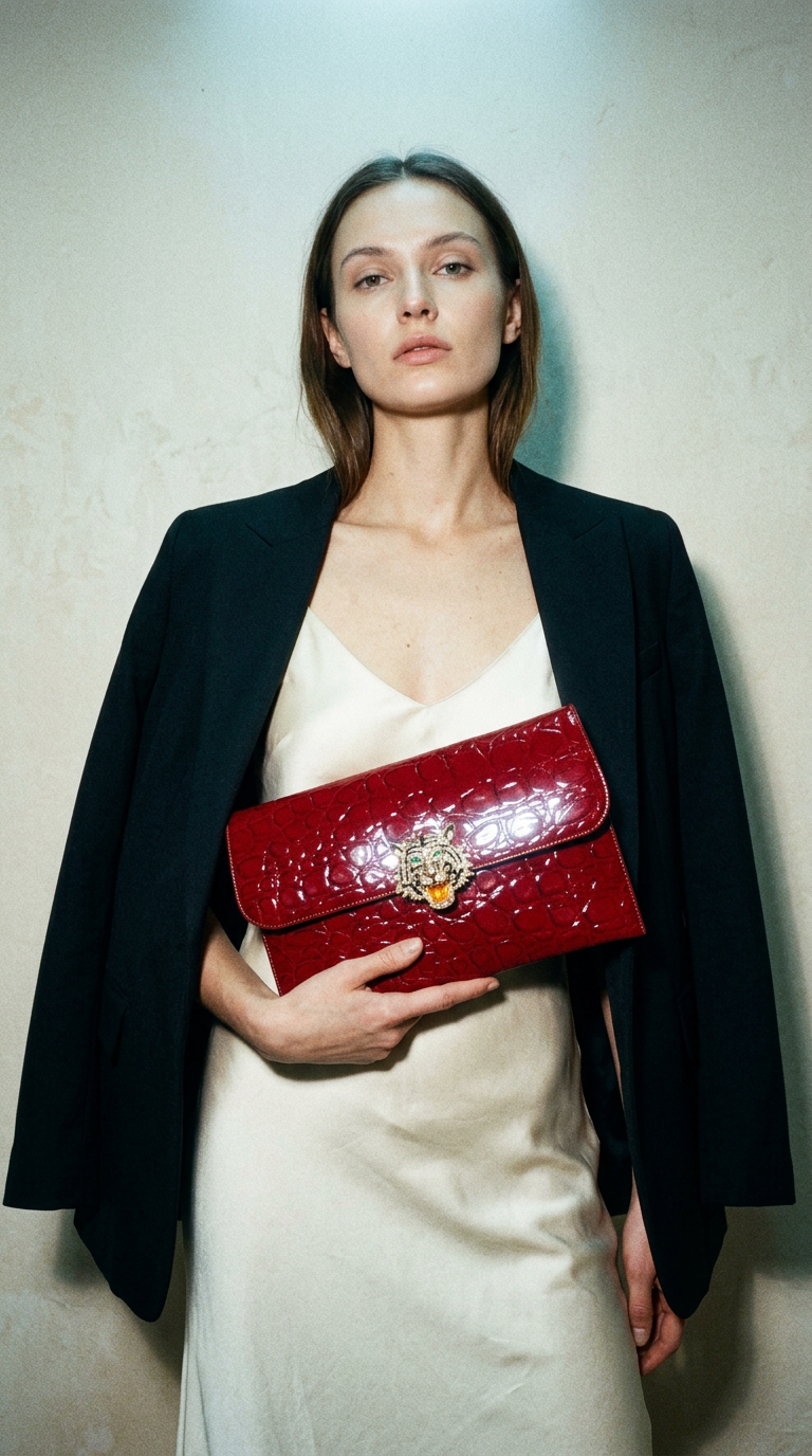 AI product shot of Tiger purse- burgundy