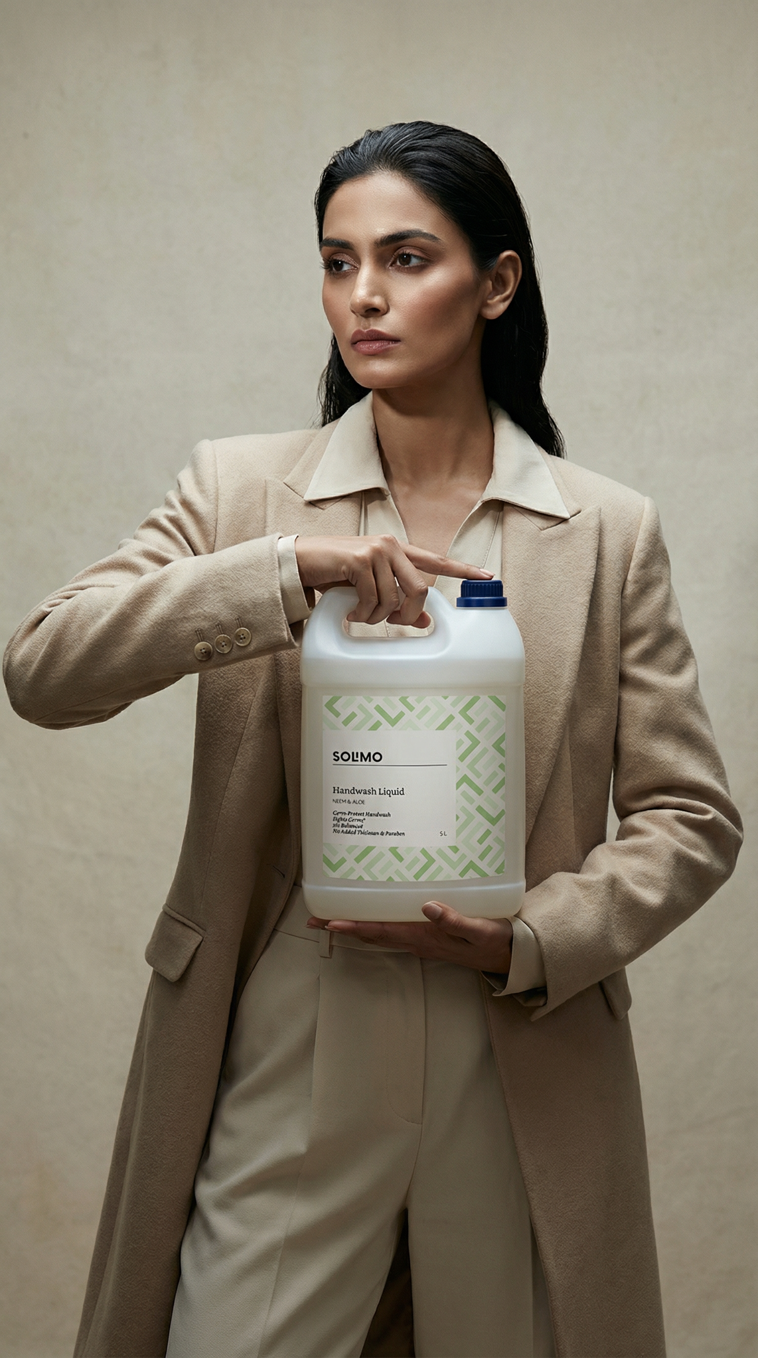 AI product shot of Amazon Brand - Solimo Handwash Liquid Refill Can | Neem & Aloe | 5 Litre | Germ-Protect | pH Balanced | No added Triclosan & Paraben