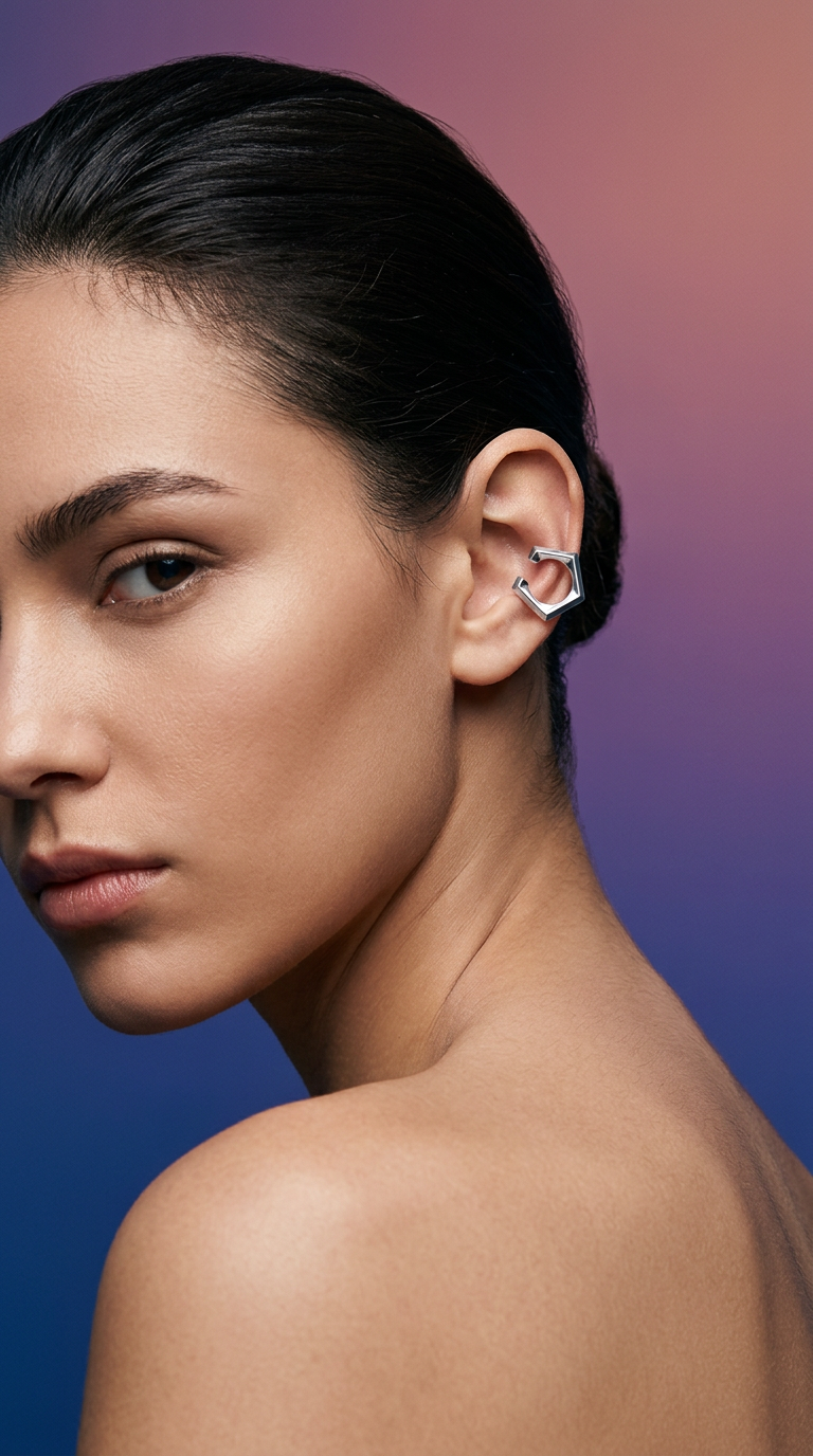 AI product shot of Penta ear cuff in rhodium vermeil