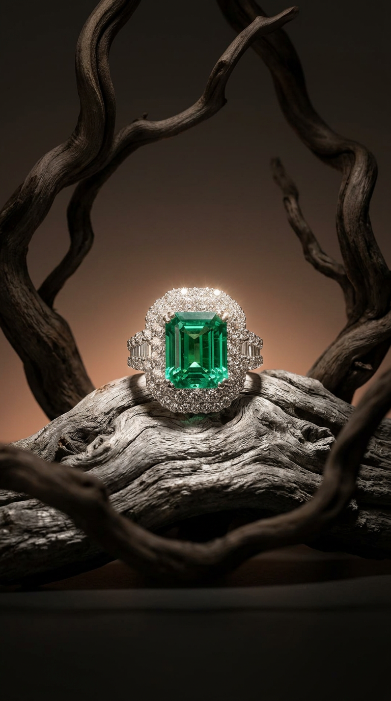 AI product shot of DIAMONDS & EMERALD "FRANCOISE" RING.