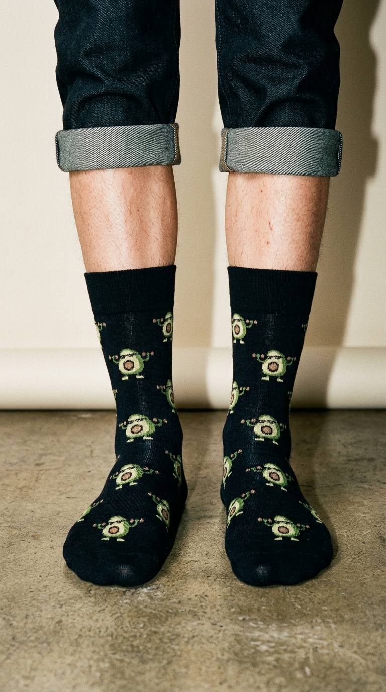 AI product shot of Avocado Socken - Herren Socken mit Avocado Motiv Schwarz, Diwari Happy
