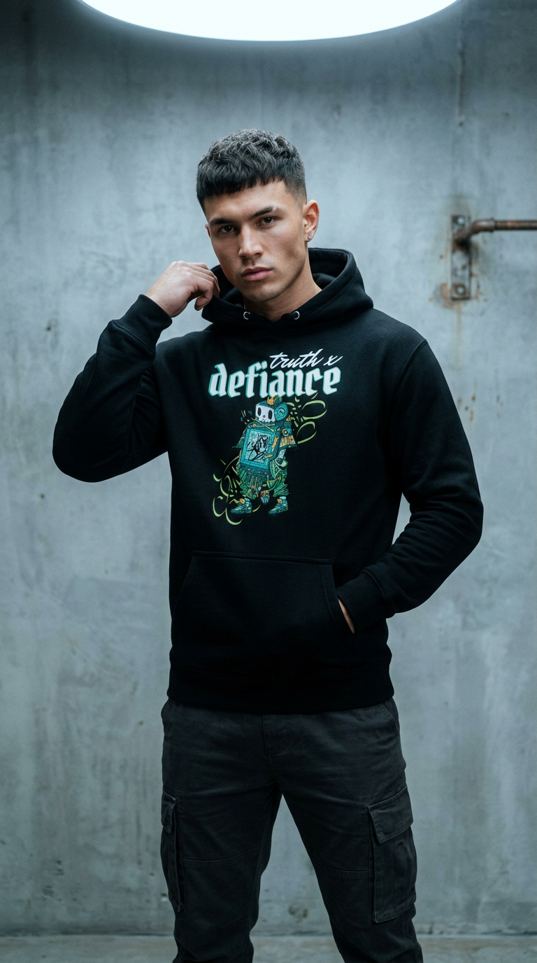 AI product shot of DISRUPTOR.exe Hoodie - T/D Back Edition