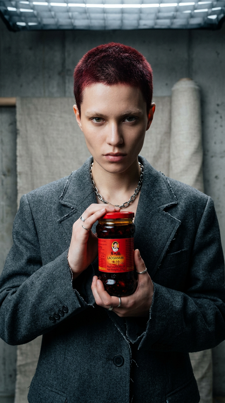 AI product shot of Lao Gan Ma peanuts in chili oil 275 g