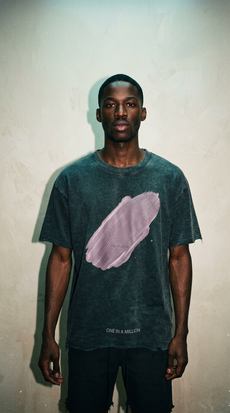 AI product shot of The Mauve Smear "One In A Million" boxy Signal Tee