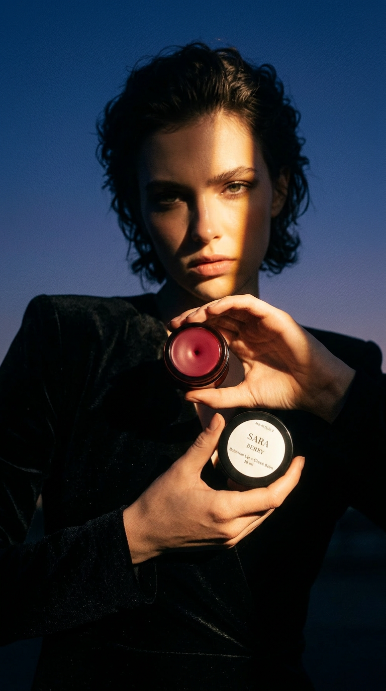 AI product shot of SARA – Berry Lip + Cheek Balm