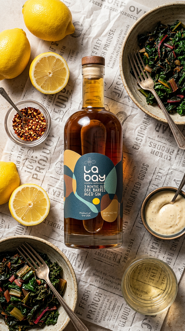 AI product shot of LA BAY 3 MONTHS OLD OAK BARREL AGED GIN