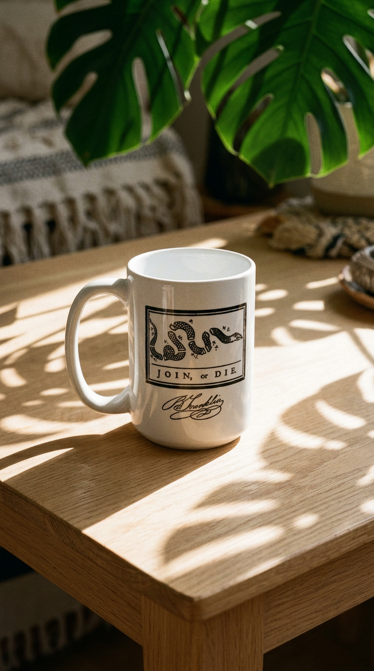 AI product shot of Join or Die Ceramic Mug